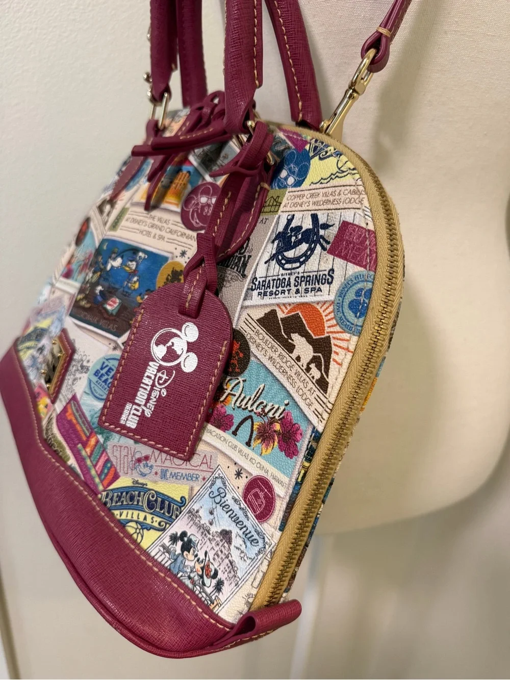 Dooney & Bourke Multicolor Disney Vacation Club Dome Satchel Burgundy Trim Purse